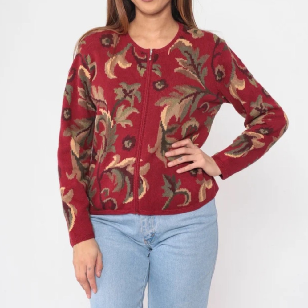Talbots Burgundy embroidered colorful fall leaves Zip cardigan Y2K Preppy M Boho